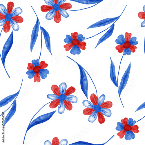 Watercolor hand drawn seamless patriotic american pattern with 4th of july balloons hearts hat flowers. Fourth of july Independence day US fabric print, blue red white background stars stripes.