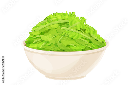 Chopped lettuce leaves in bowl in cartoon style isolated on white background, Healthy raw ingredient, vegetarian dish. 