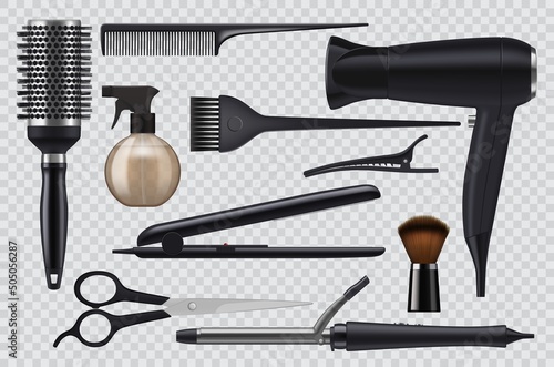 Realistic hairdresser tools, barbershop salon items 3d vector. Professional hairstyle accessories with scissors, hairdryer, curling iron and comb, shaving brush, sprayer and barrette appliance
