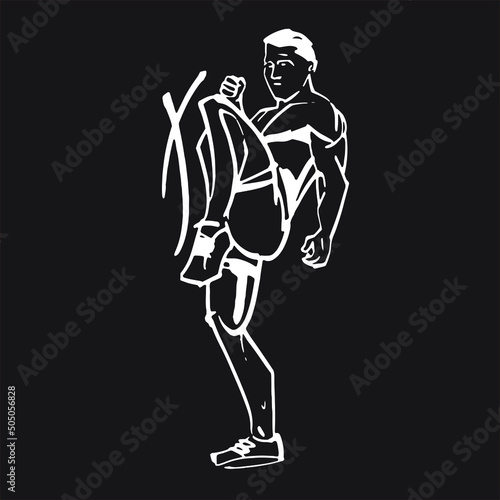 black and white illustration of a Muay Thai fighter