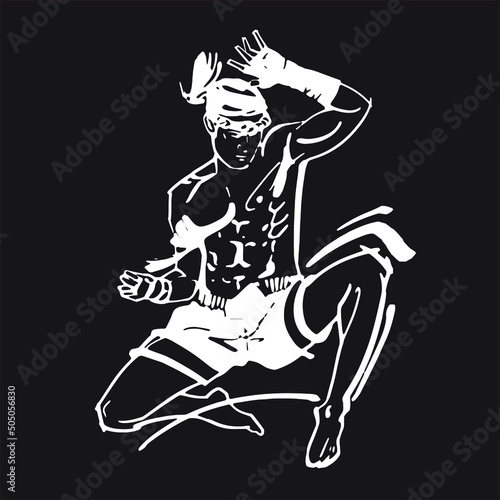 black and white illustration of a Muay Thai fighter
