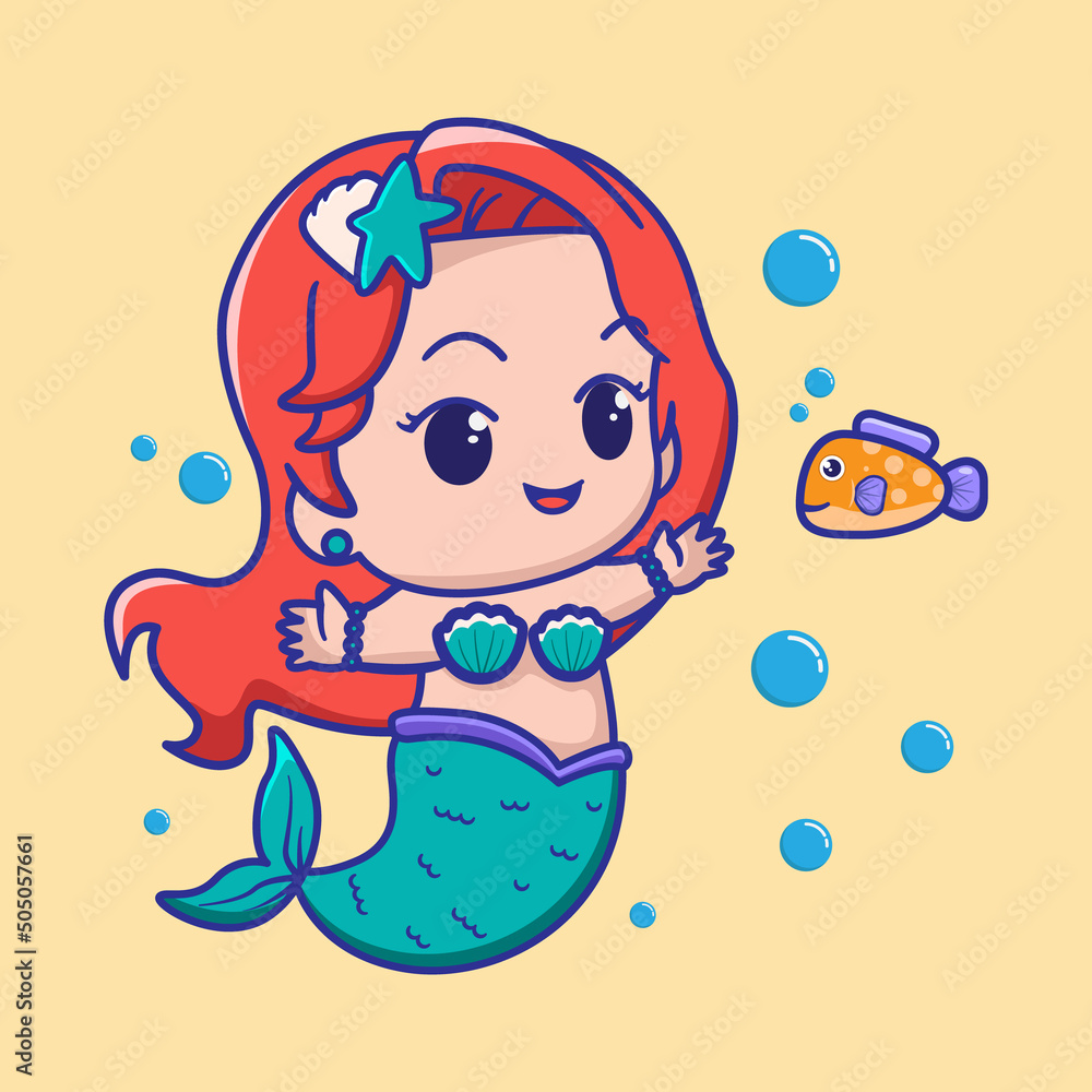 Cute mermaid with little fish, for kids fashion artworks, children books, greeting cards. vector illustration. Cute mermaid with little fish, for kids fashion artworks, children books, greeting cards. vector illustration.
