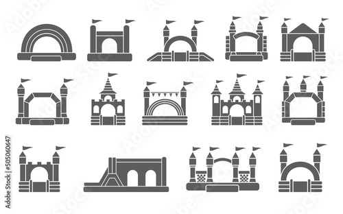 Bouncy inflatable castle. Tower and equipment for child playground. Jumping house sign. Glyph vector silhouette icons set.