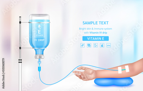 Vitamin iv drip treatment. Needle Intravenous for infusion on arm in clinic with warm tone. Vitamin E serum collagen blue inside saline bottle. Medical and beauty concept. Vector EPS 10.