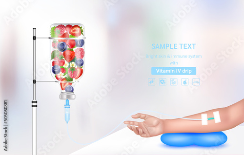 Vitamin iv drip treatment. Needle Intravenous for infusion on arm. Vitamins berry infusion therapy. Different fruit vegetable inside saline bag. Medical and beauty concept. Realistic 3D vector.