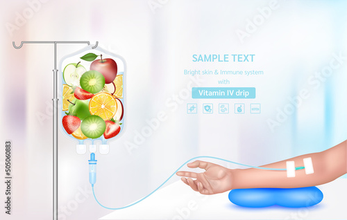 Vitamin iv drip treatment. Needle Intravenous for infusion on arm. Vitamins berry infusion therapy. Different fruit vegetable inside saline bag. Medical and beauty concept. Realistic 3D vector.