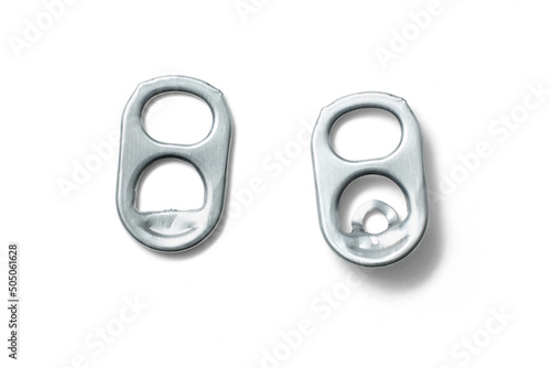 Pair of Aluminum Can Opener Pull Tab Lid, Ring-Pull Complete, and Incomplete On Isolated on White Background with Shadow