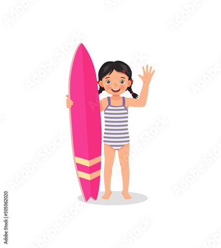 little girl surfer holding surfboard waving hand on summer vacation