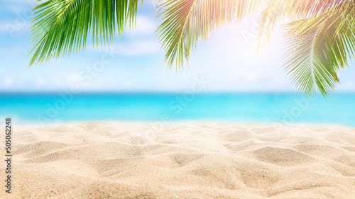 Fototapeta Naklejka Na Ścianę i Meble -  Sunny tropical Caribbean beach with palm trees and turquoise water, Caribbean island vacation, hot summer day