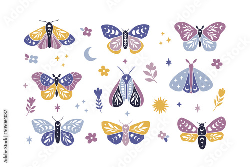 Moon moth vector illustration set. Celestial butterfly with moon phases. Mystical floral insect clipart on white background. Design for poster, magic card, t shirt print, sticker.