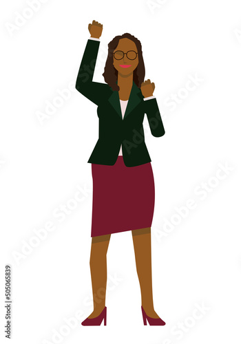 ガッツポーズの黒人系女性ビジネスマンのイラストセット8等身　fist pump
