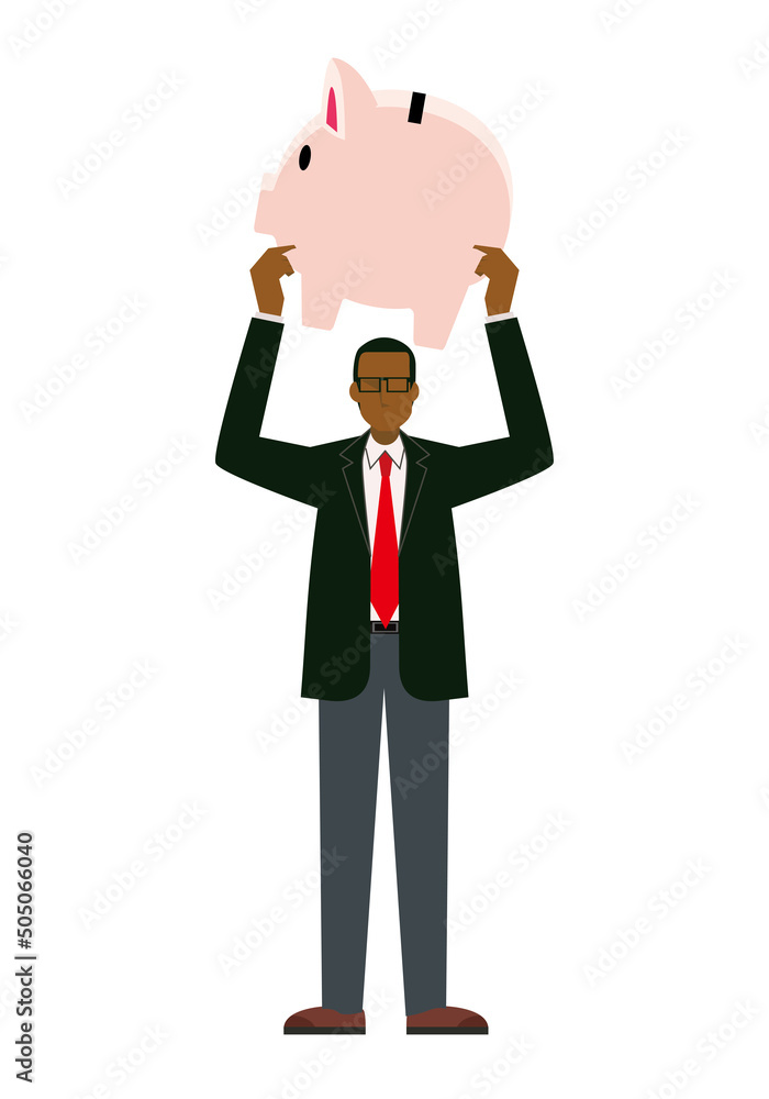 豚の貯金箱を持つ黒人系男性ビジネスマンのイラスト8等身　金融イメージ　インフォグラフィックス