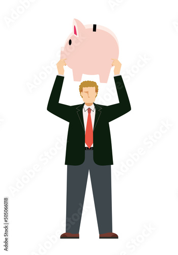 豚の貯金箱を持つ白人系男性ビジネスマンのイラスト8等身　金融イメージ　インフォグラフィックス