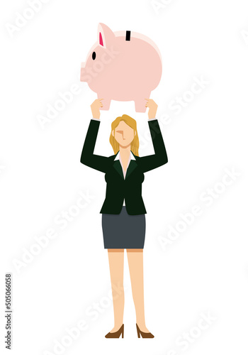 豚の貯金箱を持つ白人系女性ビジネスマンのイラスト8等身　金融イメージ　インフォグラフィックス