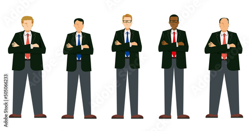 腕組みをする多人種の男性ビジネスマンのイラストセット　8等身　白人　黒人　アジア人