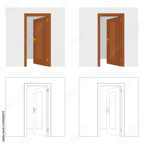 Vector open inward door on the wall entrance exit wooden white brown
