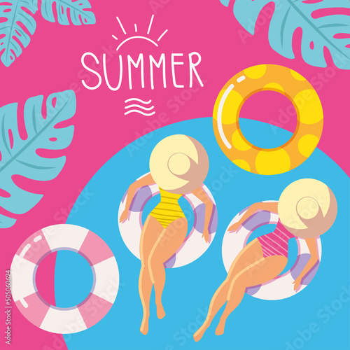 girls on inflatable in swimming floats