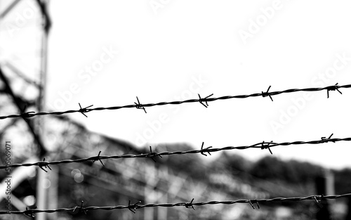 barbed wires in a prison camp for the segregation of prisoners and to prevent prisoners from escaping photo