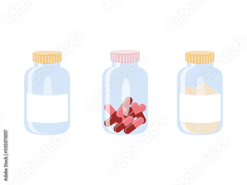 A medical bottle with a label, cabbage, pills. Flat vector illustration.