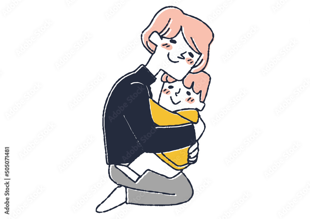 息子を抱きしめる母親　コミカルな手書きの人物　ベクター、温かみのある線画