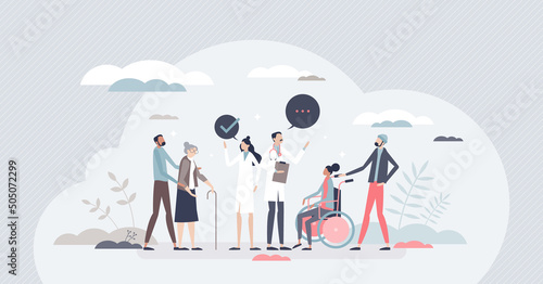 Caregivers and nursing home as professional assistance tiny person concept. Medical support and social house occupation for rehabilitation process or disabled elderly seniors help vector illustration