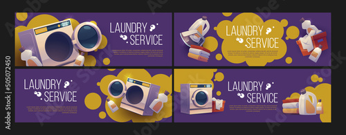 Laundry service advertising posters with automatic washing machine, detergents in bottles, dirty clothes in basket and clean towels stacks. Vector banners of public launderette room, washhouse photo
