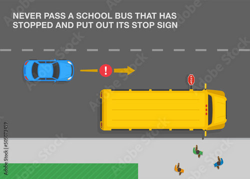Safe driving rules and tips. Never pass a school bus that has stopped and put out its stop sign. Top view of a school bus on city road. Flat vector illustration template.