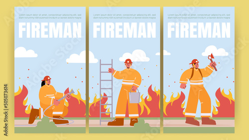 Fireman posters with fire brigade with water hose, ax and ladder. Vector banners with flat illustration of professional firefighters in helmet and safety costume