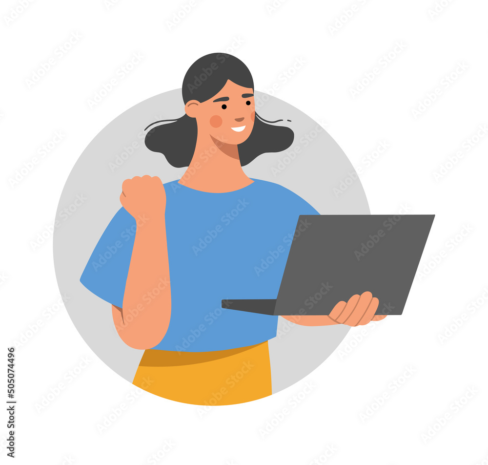 Happy girl with laptop, raises her hand up in joy. Concept of happiness, victory or lucky. Flat vector illustration isolated on white background.