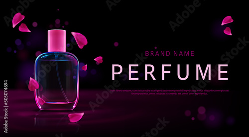 Perfume promo background with glass bottle and falling flower petals. Vector realistic brand poster of luxury cosmetic product, fragrance in clear flask with pink cap