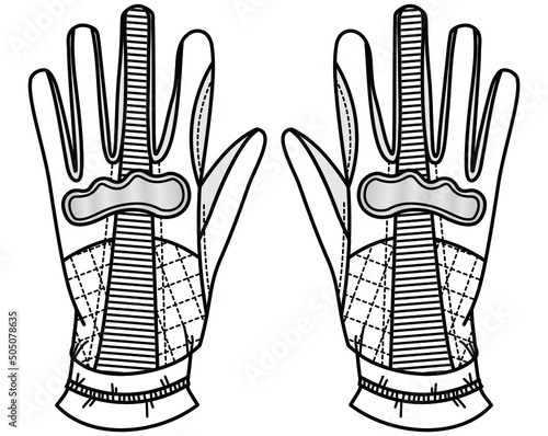 biker gloves vector drawing editable file. motorcycle, cycle full finger gloves with knuckles flat sketch template.