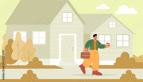 Businessman with briefcase walk on street. Man in business suit go to work in office. Vector flat illustration of autumn landscape of city street with house, trees and employee person with coffee