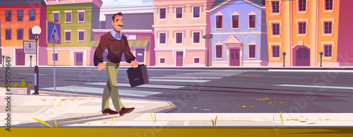 Man worker with briefcase walk on city street. Vector cartoon illustration of autumn cityscape with houses, road with pedestrian crosswalk and technician with tool box goes to job