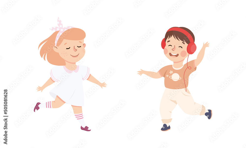 Happy Little Boy and Girl Dancing to Music Moving Body and Having Fun Vector Set Happy Little Boy and Girl Dancing to Music Moving Body and Having Fun Vector Set