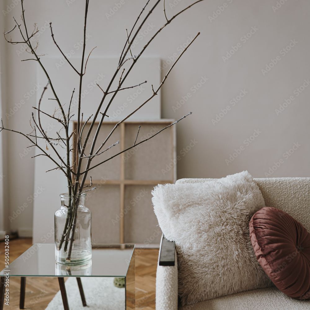 Aesthetic minimal home, living room interior design. Modern Nordic Scandinavian interior design concept. Mid-century modern furniture. Elegant cozy apartment for rent - obrazy, fototapety, plakaty 