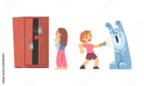 Childhood Fear with Scary Monster in Wardrobe Frightening Little Boy and Girl Vector Set