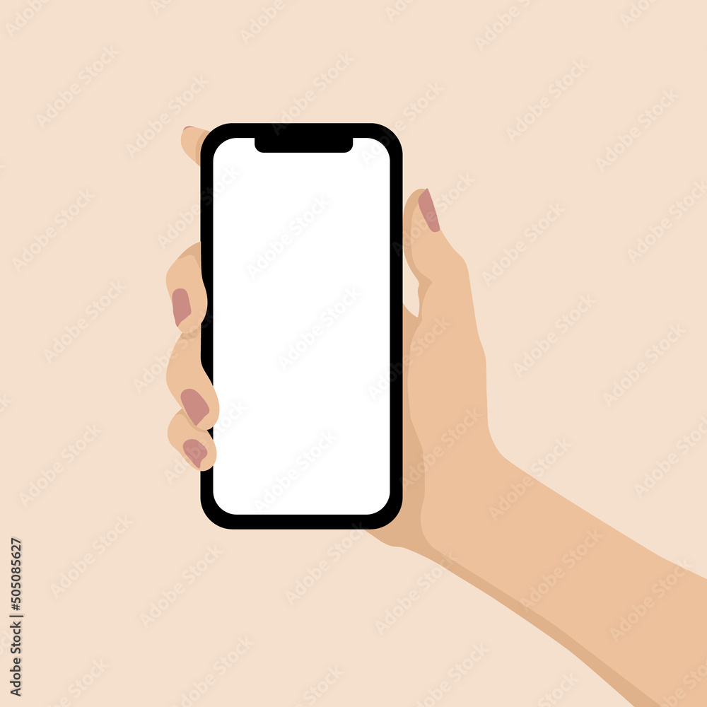 Woman hand holding a smartphone with a blank screen—flat vector illustration.