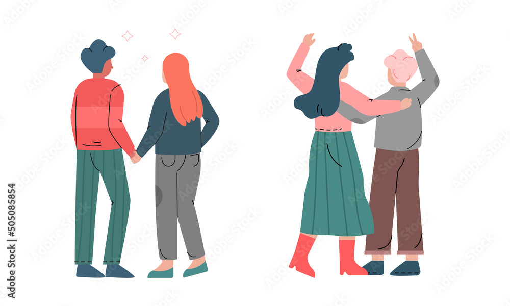 Happy Romantic Couple Holding Hand and Embracing Back View Vector ...