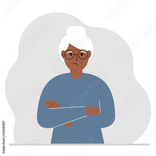 The elderly woman is sad and upset. The arms are crossed over the chest. Vector