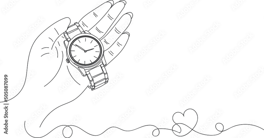 Wrist Watch Logo, Outline sketch drawing of hand holding expensive wrist watch, line art illustration of hand holding luxry watch