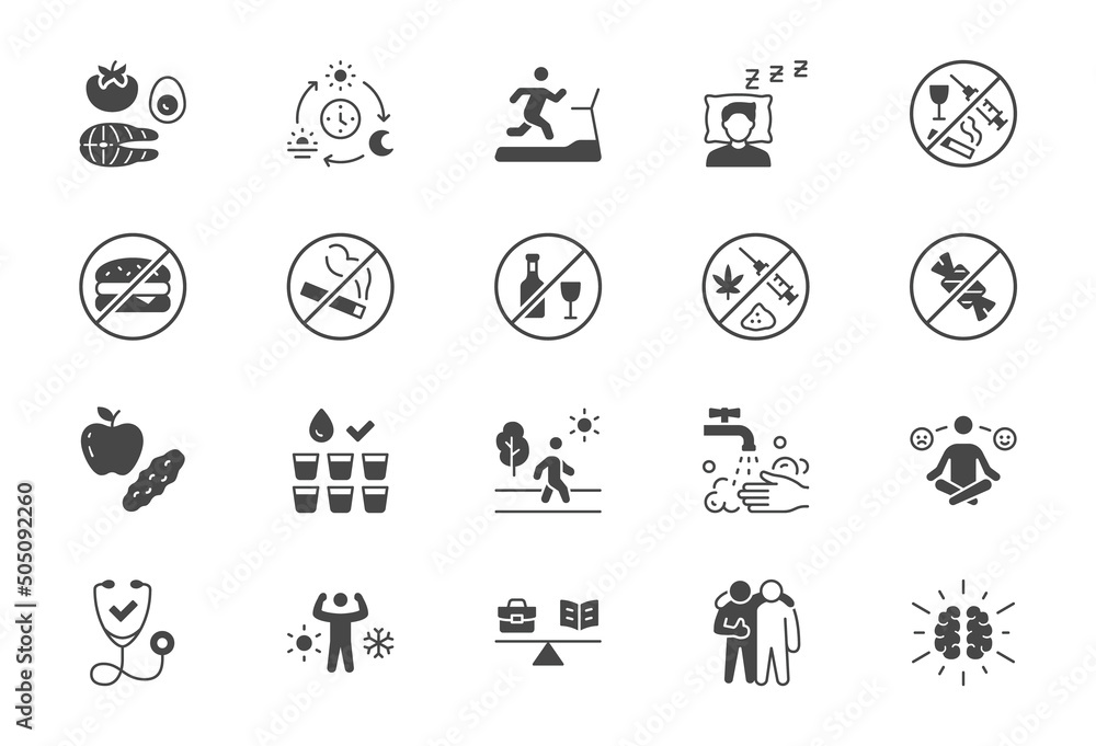 Healthy lifestyle flat icons. Vector illustration include icon - fitness, yoga, walking man, hygiene, meditation, hardening glyph silhouette pictogram for sport lifestyle. Black color signs