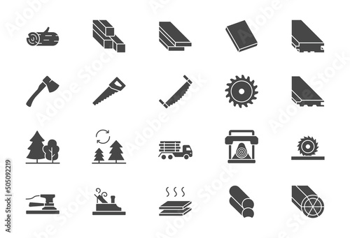 Lumber flat icons. Vector illustration include icon - log, plank, polishing grinder, saw, lumberjack, cutting, carpentry glyph silhouette pictogram for wood cutting. Black color signs
