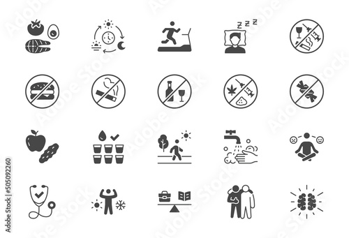 Healthy lifestyle flat icons. Vector illustration include icon - fitness, yoga, walking man, hygiene, meditation, hardening glyph silhouette pictogram for sport lifestyle. Black color signs