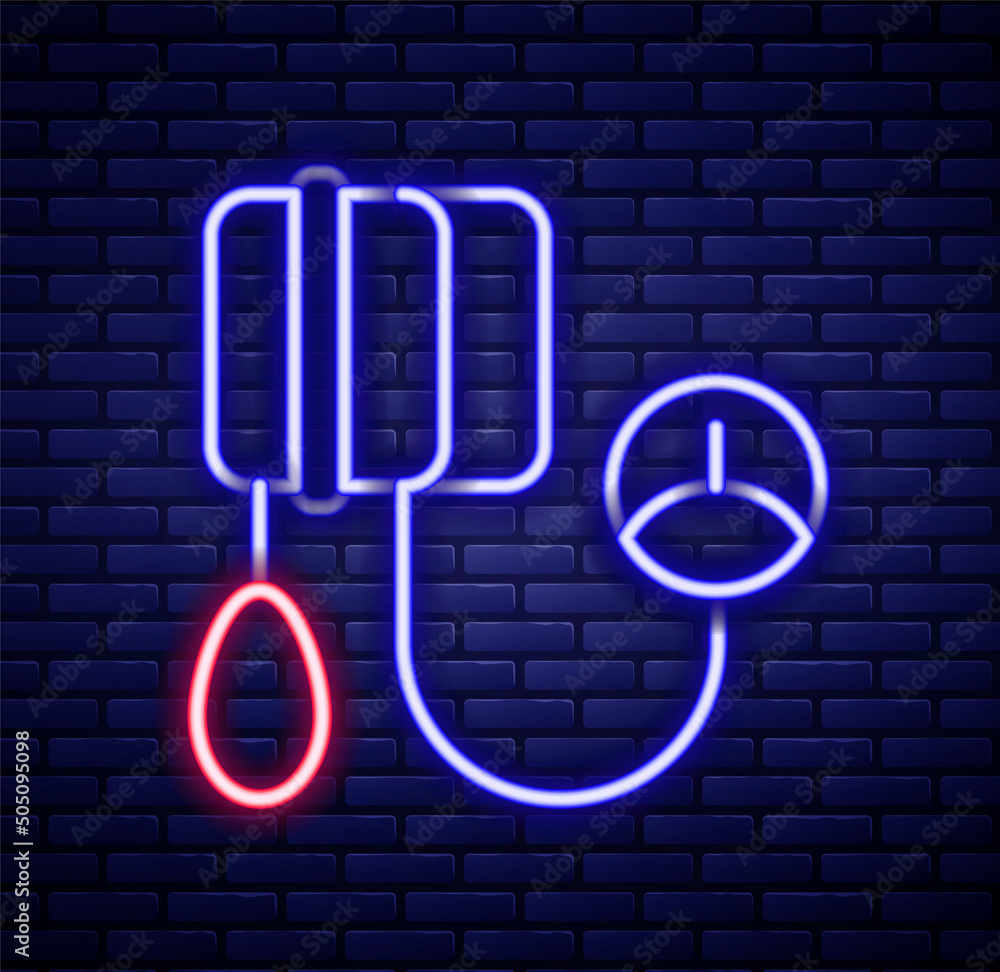 Glowing neon line Blood pressure icon isolated on brick wall background. Colorful outline concept. Vector Glowing neon line Blood pressure icon isolated on brick wall background. Colorful outline concept. Vector