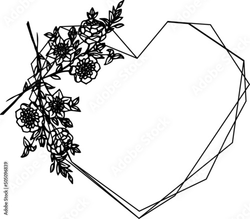 Wind frame for invitation or postcard, heart and flowers. Black and white drawing, vector elements.