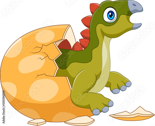 Cartoon baby stegosaurus hatching from egg
