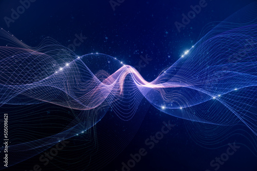 Big data visualization concept with bright glowing lines on abstract technology background. 3D rendering