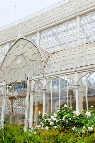 Greenhouse structure with flowering plants in Florence, Italy