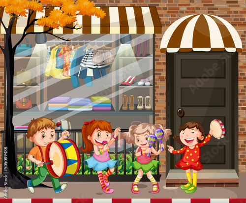 Scene with kids playing instruments on the road