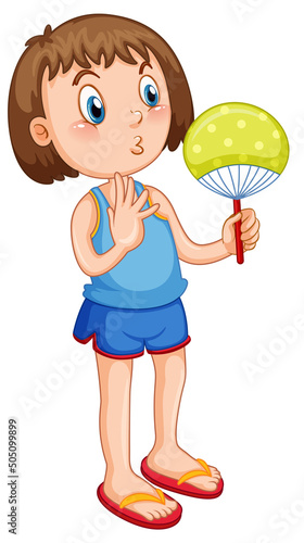 Cute girl in summer outfit holding hand fan